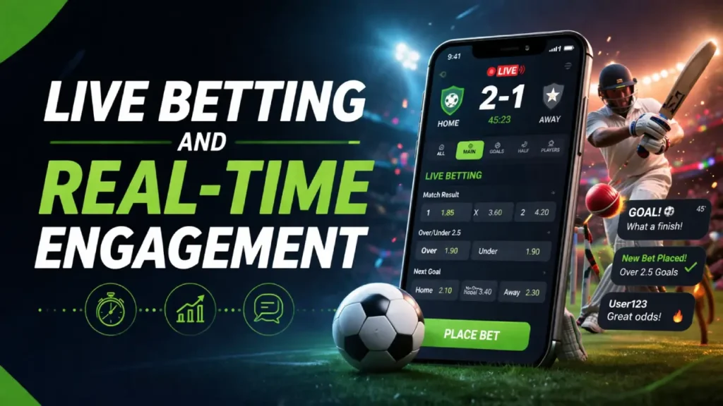 Live betting interface on mobile showing real-time sports odds, match stats, and interactive engagement features in a stadium setting