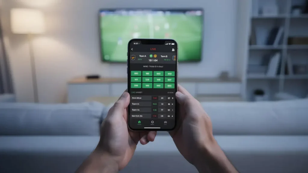 Person using a mobile betting app with live odds while watching a football match on TV