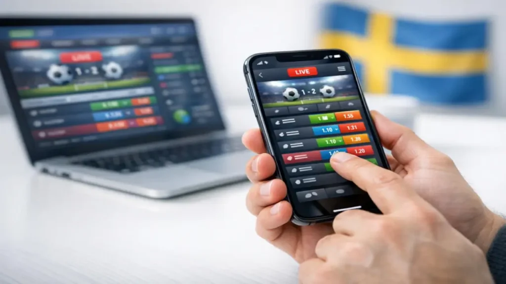 User placing live bets on a mobile betting app with Swedish flag and laptop in background
