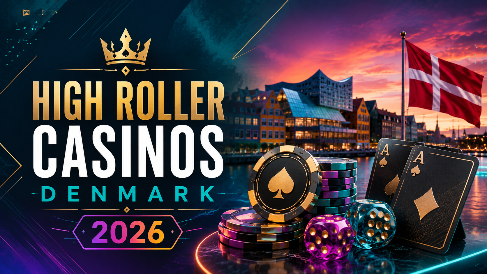 Modern featured image for High Roller Casinos Denmark 2026 showing luxury casino chips, playing cards, colorful dice, the Danish flag, and a Copenhagen waterfront skyline in vibrant teal, purple, and gold tones.