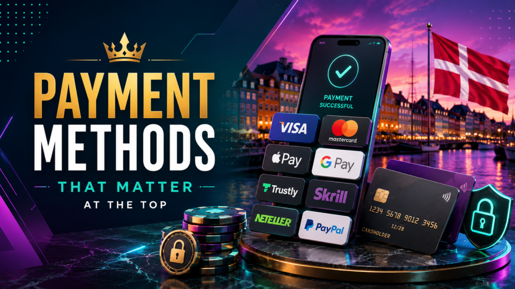 Modern illustration of premium casino payment methods featuring Visa, Mastercard, Apple Pay, Google Pay, Trustly, Skrill, Neteller, and PayPal on a smartphone with secure payment icons, casino chips, a bank card, and the Copenhagen skyline with the Danish flag in the background.