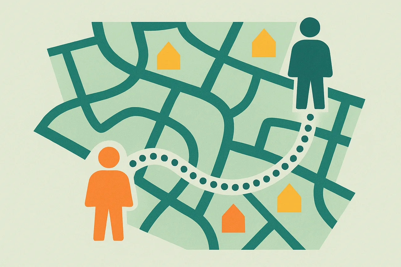 Flat map with a dotted path joining two people, representing finding people online with FreePeopleSearch.com