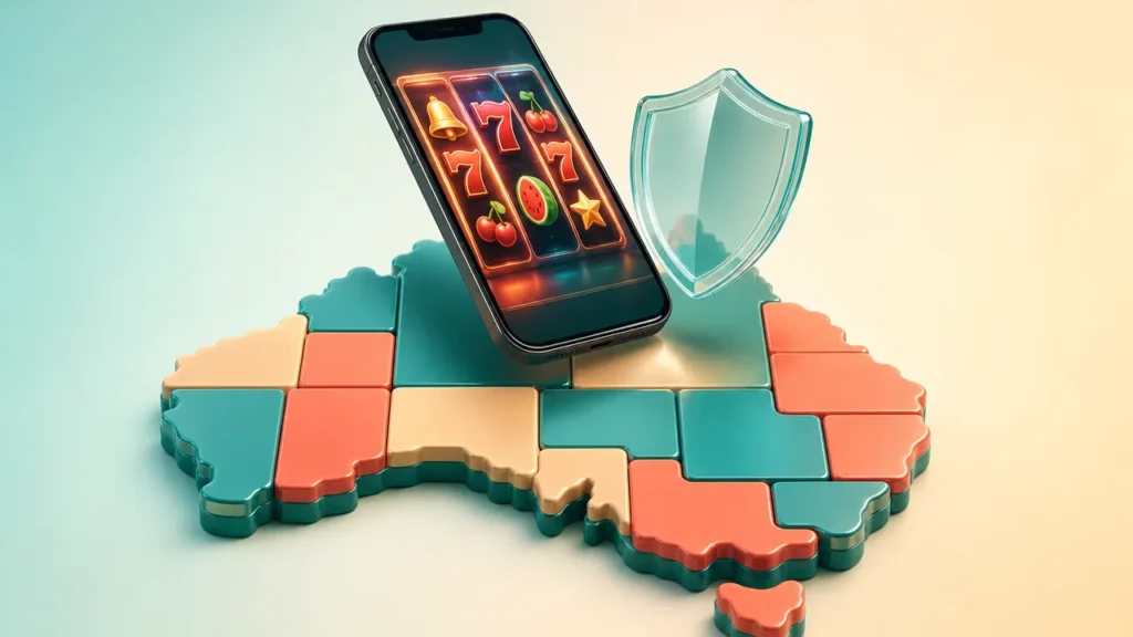 Tiled 3D map of Australia with a phone for pokies starter bonuses