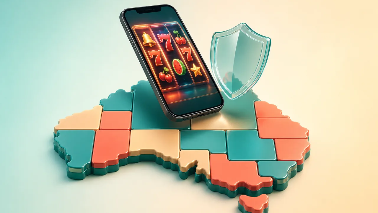 Tiled 3D map of Australia with a phone for pokies starter bonuses